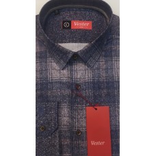 The shirt is fitted, gray-blue color in a check